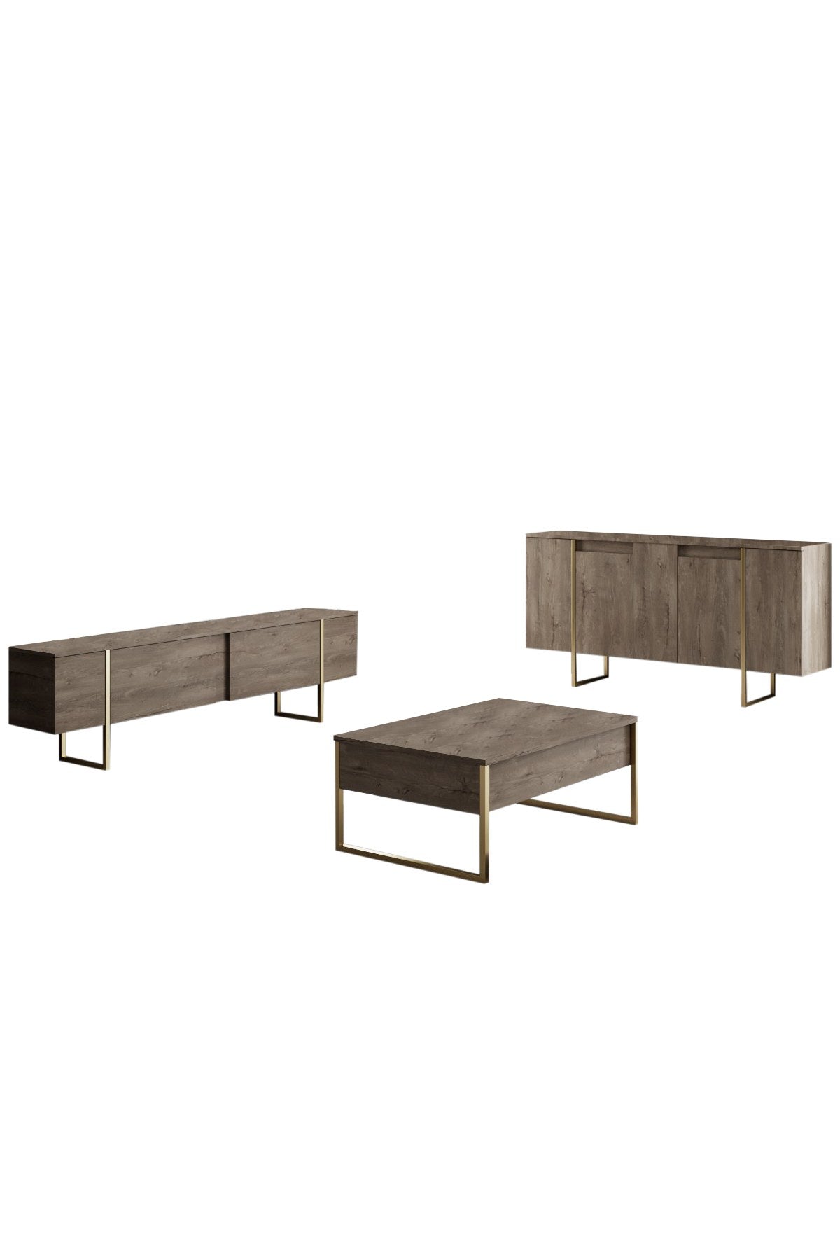 Meubelsets - Meubelset Walnoot Luxe - Salontafel + TV Meubel + Dressoir - Gouden Frame - Dimehouse