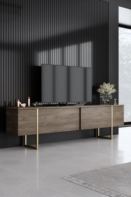 Conjunto-de-muebles-de-lujo-en-nogal:-mesa-de-centro-mueble-de-TV-y-aparador-con-marco-dorado.