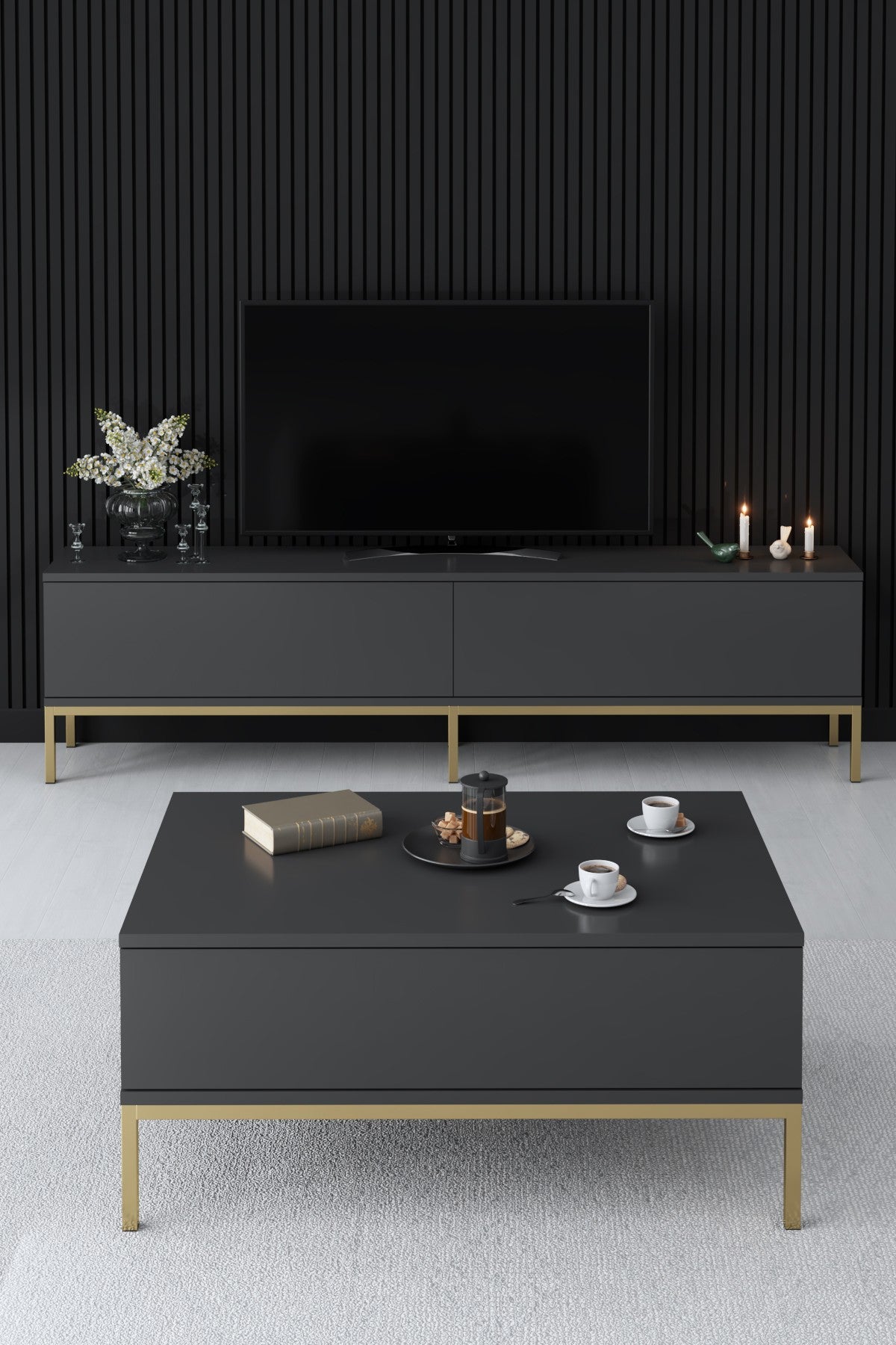 Meubelsets - Meubelset Antraciet Lord - Salontafel + TV Meubel + Dressoir - Gouden Frame - Dimehouse