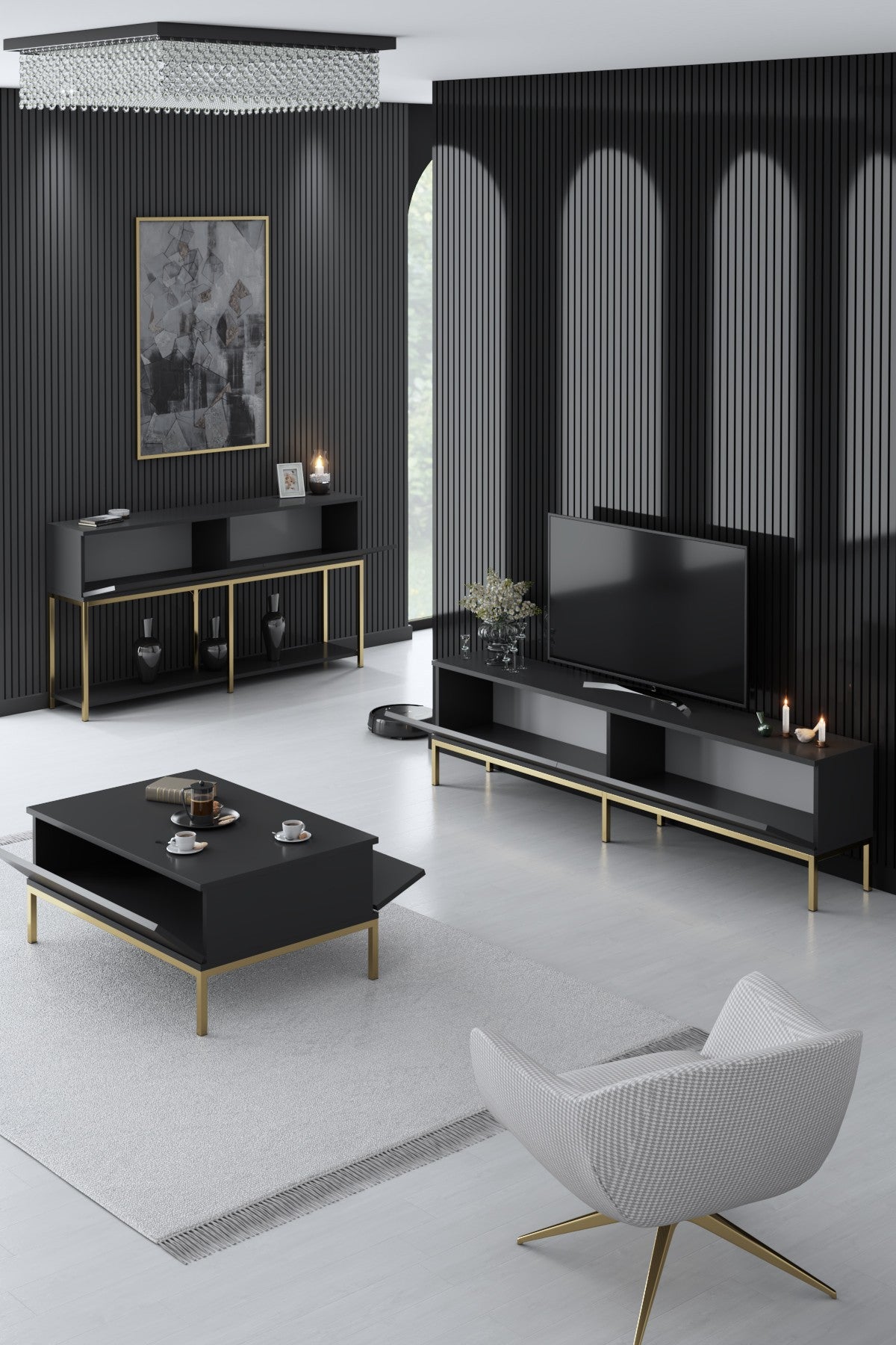 Meubelsets - Meubelset Antraciet Lord - Salontafel + TV Meubel + Dressoir - Gouden Frame - Dimehouse