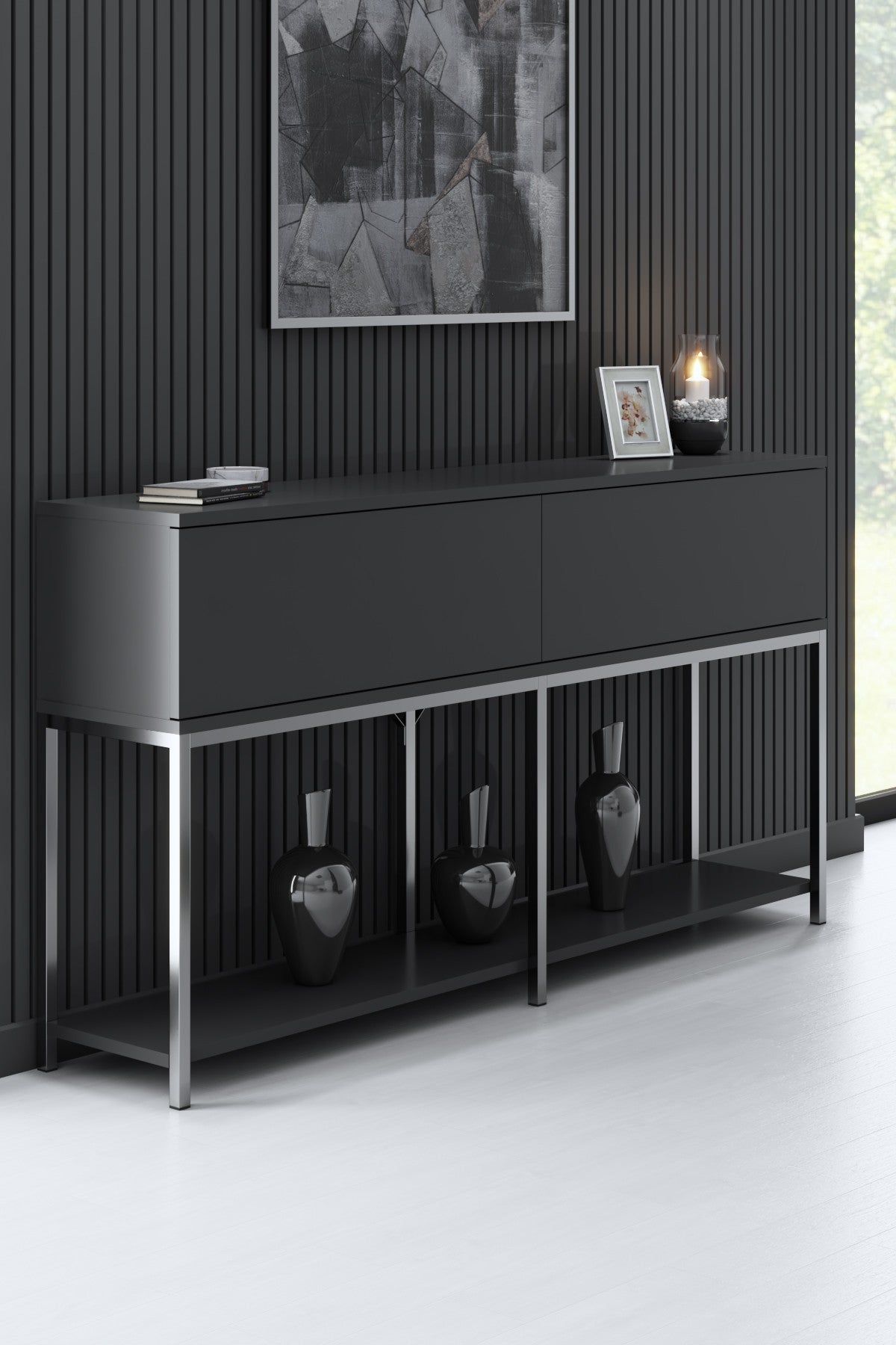 Meubelsets - Meubelset Antraciet Lord - Salontafel + TV Meubel + Dressoir - Zilver Frame - Dimehouse