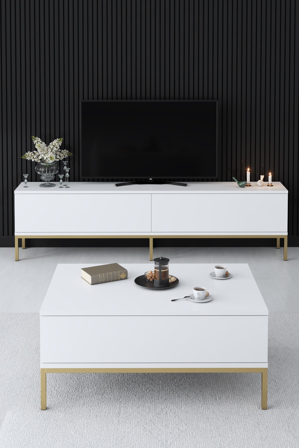 Meubelsets - Meubelset Wit Lord - Salontafel + TV Meubel + Dressoir - Gouden Frame - Dimehouse