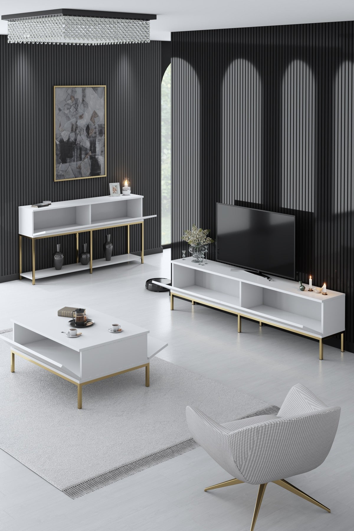 Meubelsets - Meubelset Wit Lord - Salontafel + TV Meubel + Dressoir - Gouden Frame - Dimehouse