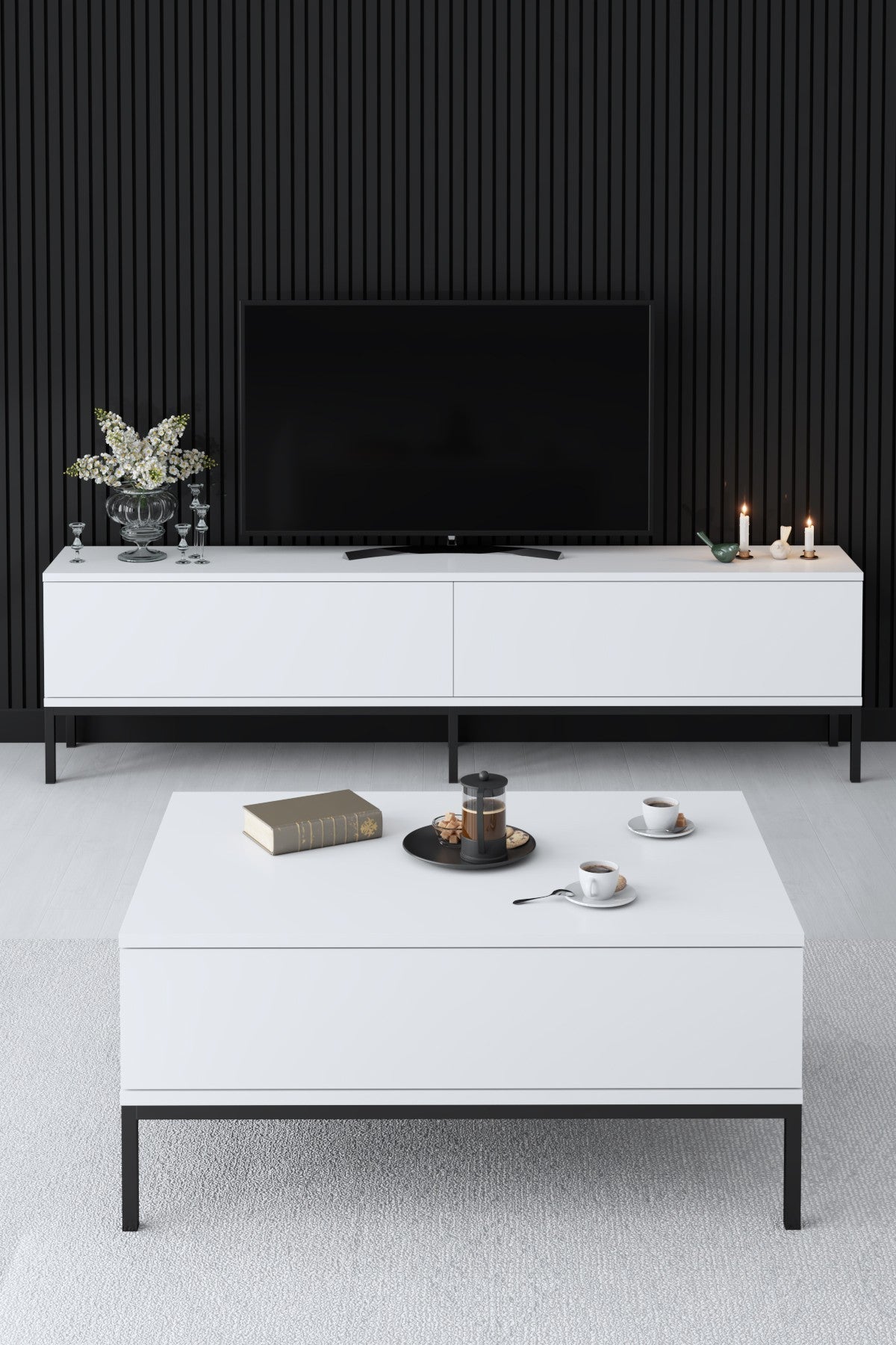 TV Meubels - TV Meubel Lord Zwart Wit Melamine 180x47x30 cm - Dimehouse