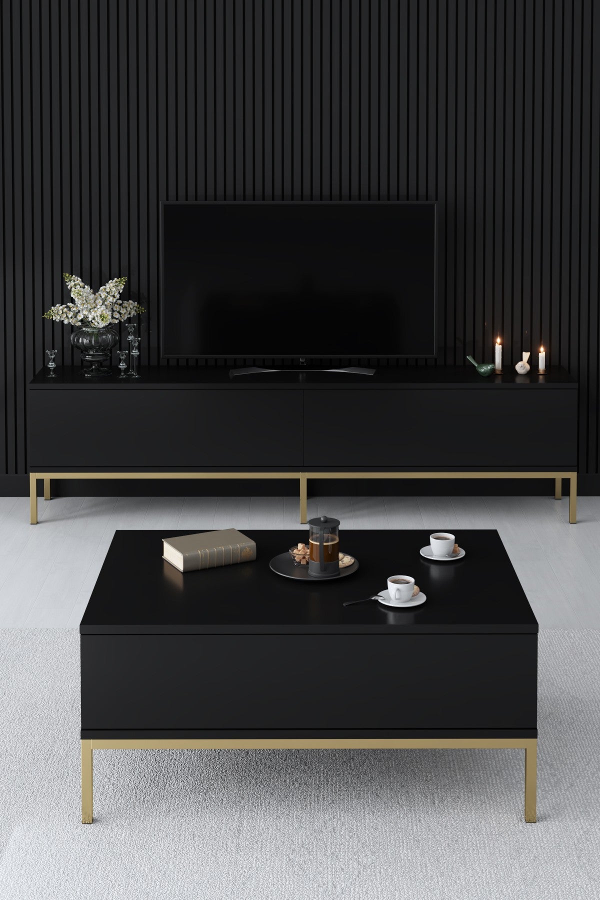 Meubelsets - Meubelset Zwart Lord - Salontafel + TV Meubel + Dressoir - Gouden Frame - Dimehouse