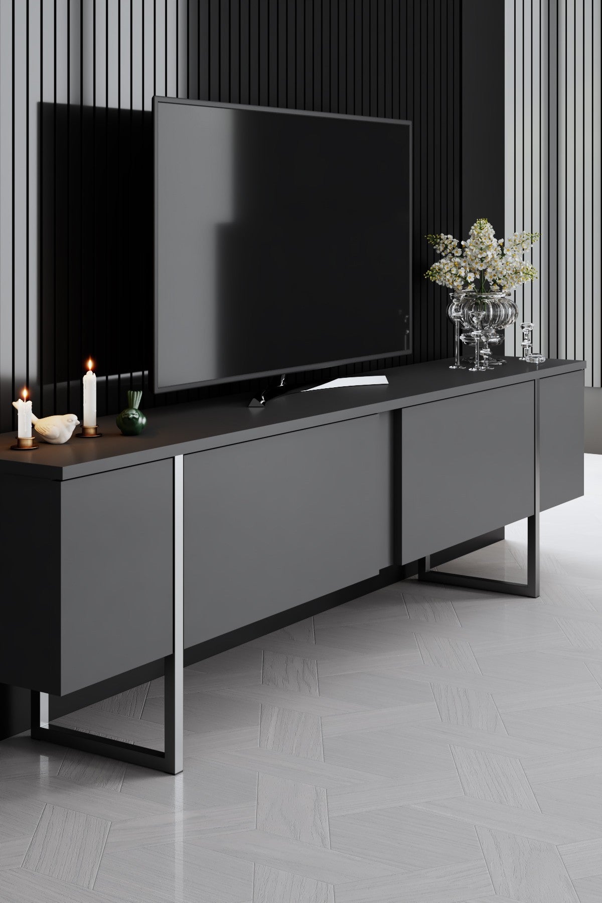 Meubelsets - Meubelset Antraciet Luxe - Salontafel + TV Meubel + Dressoir - Zilver Frame - Dimehouse