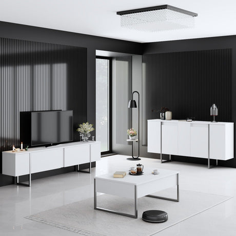 Meubelsets - Meubelset Wit Luxe - Salontafel + TV Meubel + Dressoir Luxe - Zilver Frame - Dimehouse