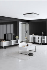 Meubelsets - Meubelset Wit Luxe - Salontafel + TV Meubel + Dressoir Luxe - Zilver Frame - Dimehouse