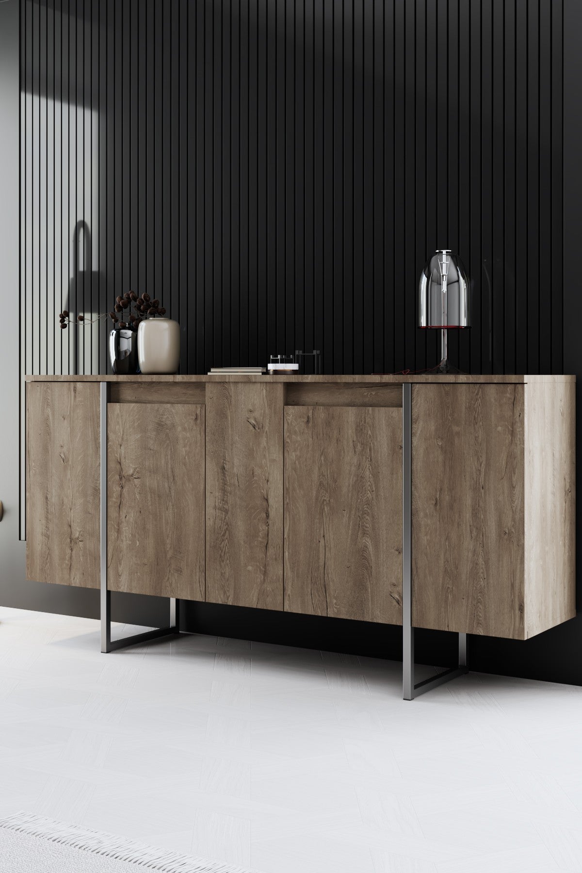 Meubelsets - Meubelset Walnoot Luxe - Salontafel + TV Meubel + Dressoir - Zilver Frame - Dimehouse