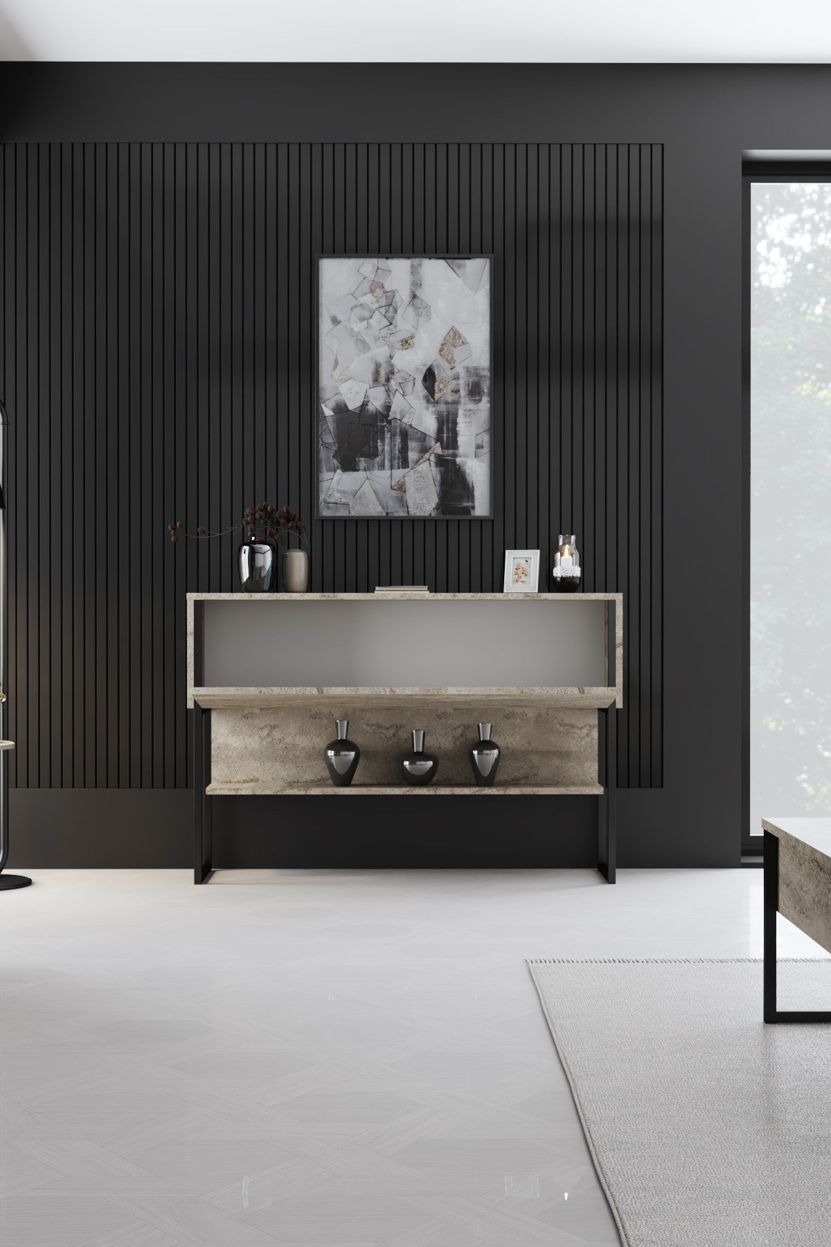 Meubelsets - Meubelset Travertin Luxe - Salontafel + TV Meubel + Dressoir Luxe - Zwart Frame - Dimehouse