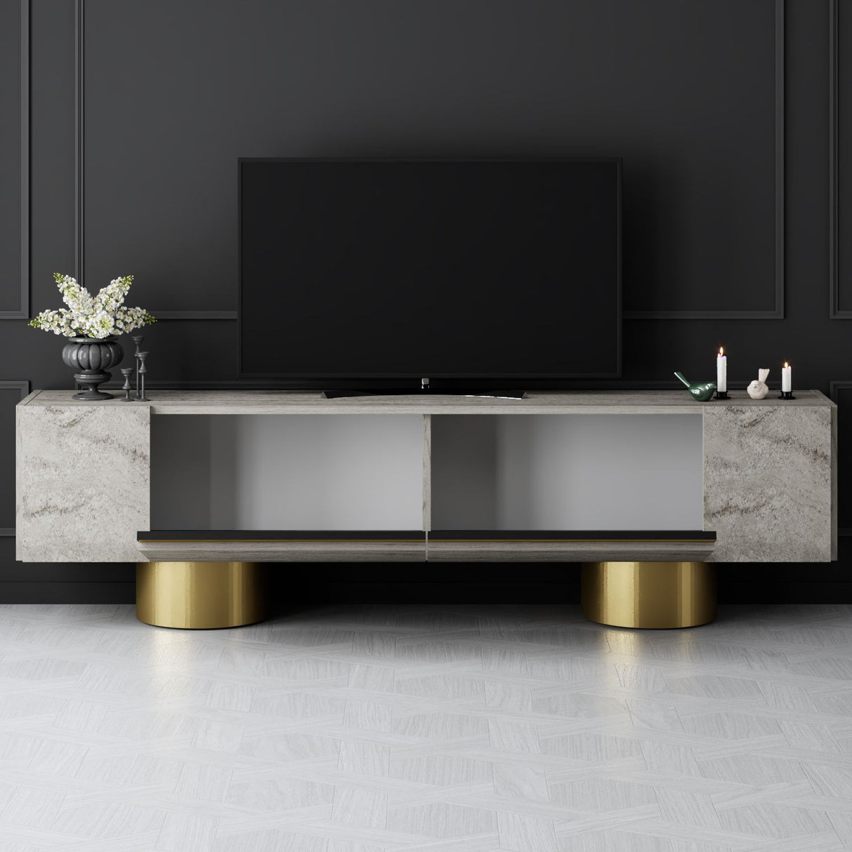TV Meubels - TV Meubel Travertin Bohem 180x50x30 - Gouden Frame - Dimehouse