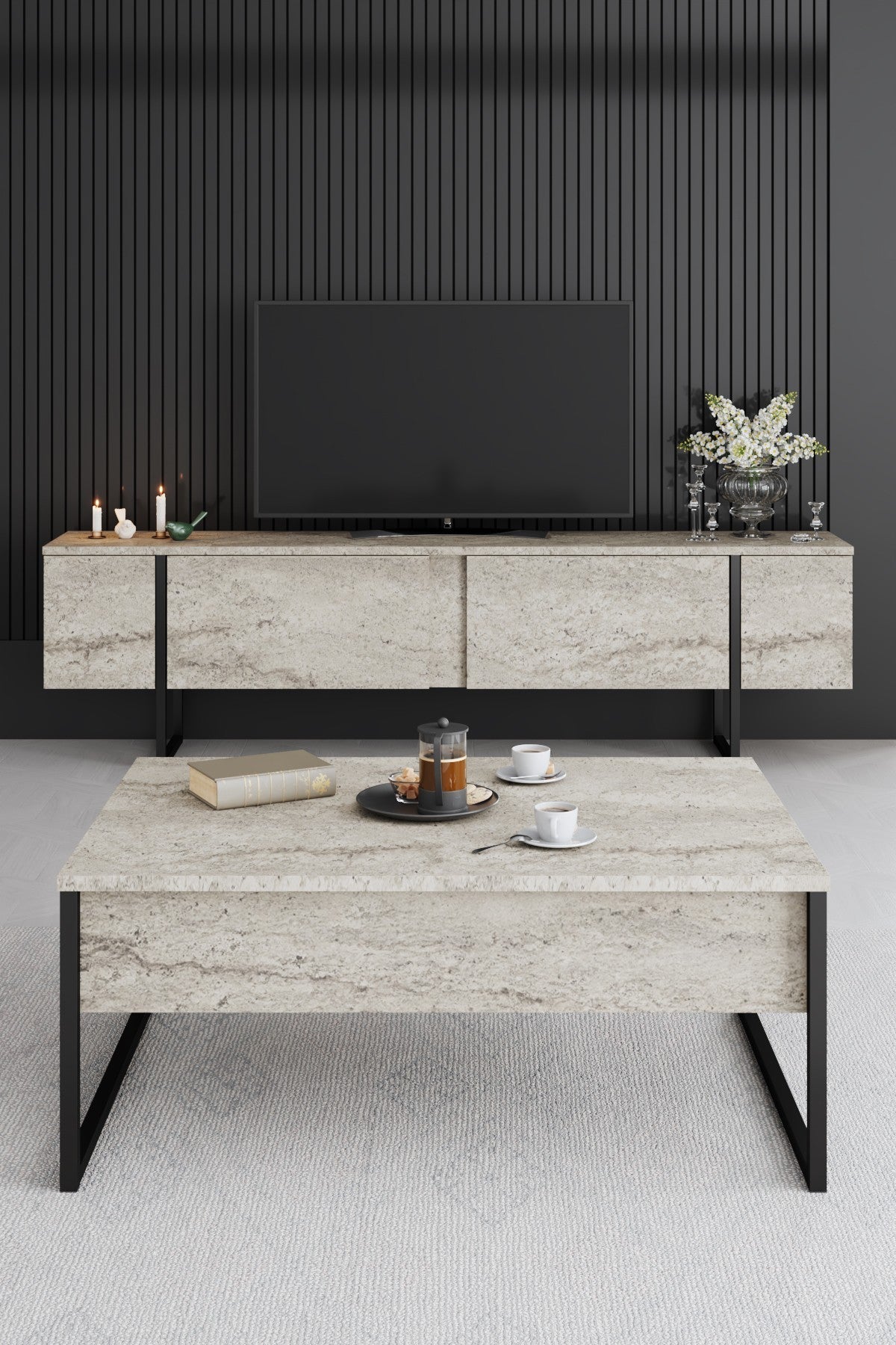 Salontafels - Rechthoekige Salontafel Travertin Luxe 90x60 - Zwart Frame - Dimehouse