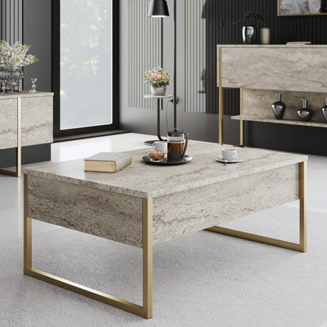 Salontafels - Rechthoekige Salontafel Travertin Luxe 90x60 - Gouden Frame - Dimehouse