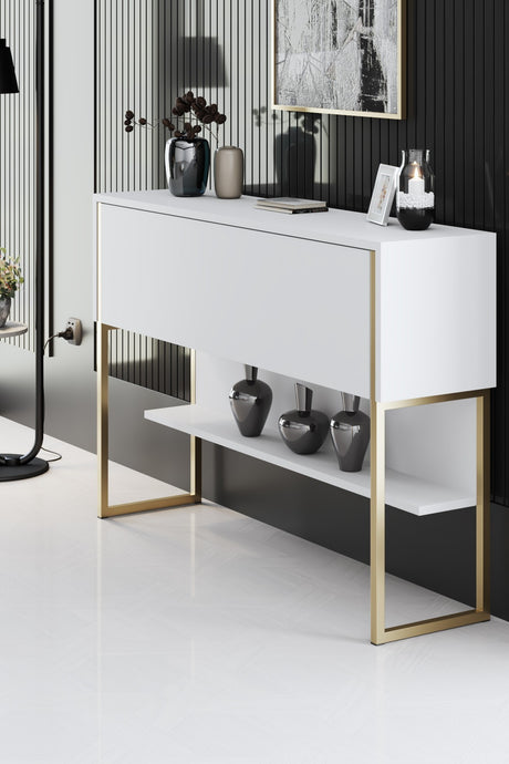 Moderno Aparador Blanco Lujo 120x80x30 - Marco Dorado - Un Compartimento 