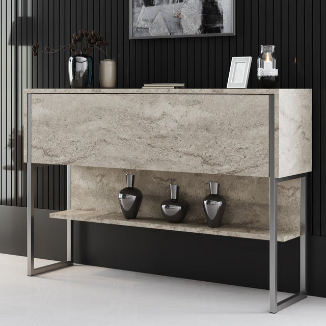 Dressoirs - Modern Dressoir Travertin Luxe 120x80x30 - Zilver Frame - Eén Vak - Dimehouse
