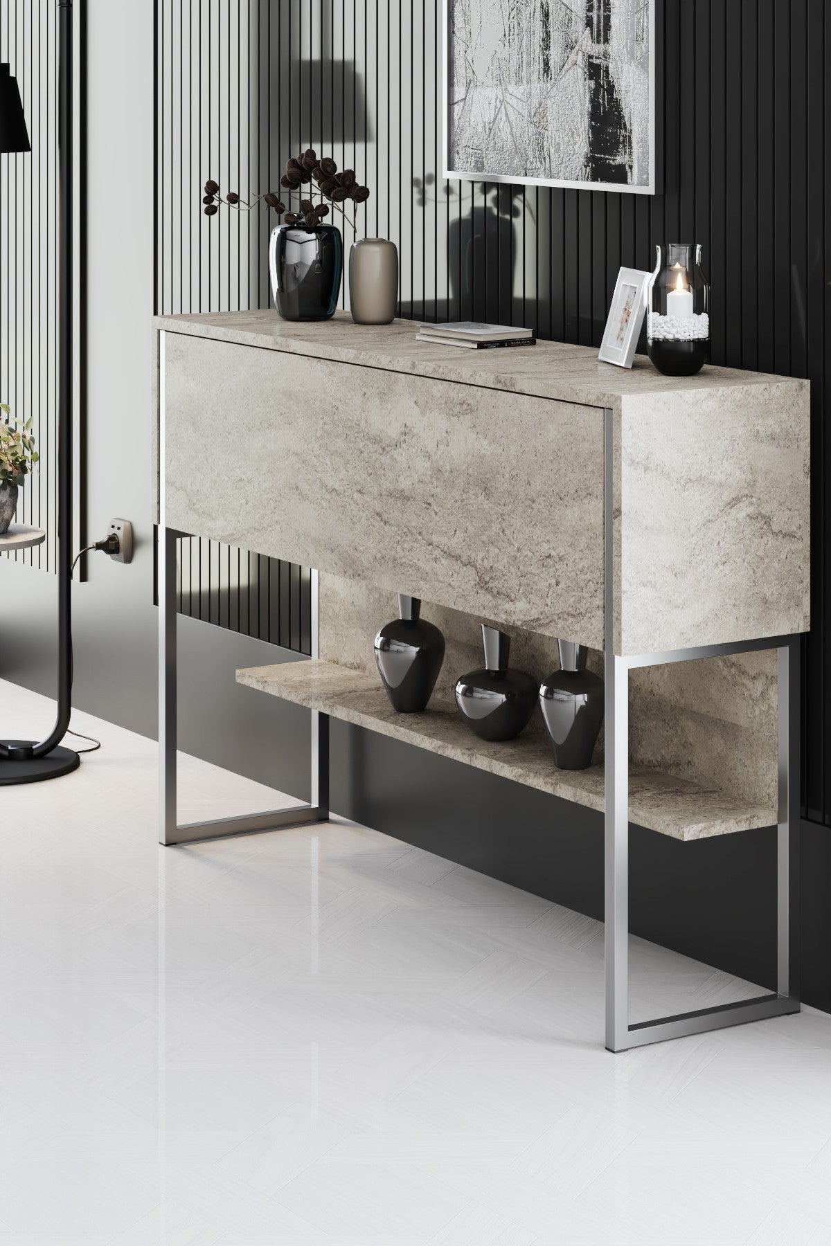 Dressoirs - Modern Dressoir Travertin Luxe 120x80x30 - Zilver Frame - Eén Vak - Dimehouse