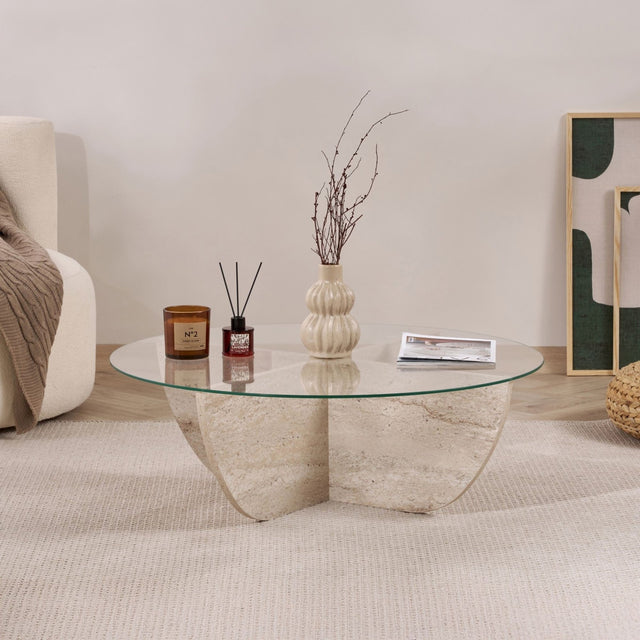Mesa de centro Liya aspecto travertino ovalada 90 cm Vidrio templado