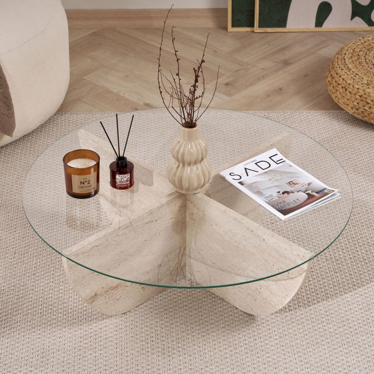 Mesa de centro Liya aspecto travertino ovalada 90 cm Vidrio templado
