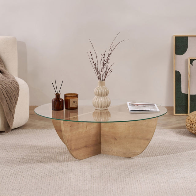 Mesa de centro Liya Roble Zafiro ovalada 90 cm Vidrio templado