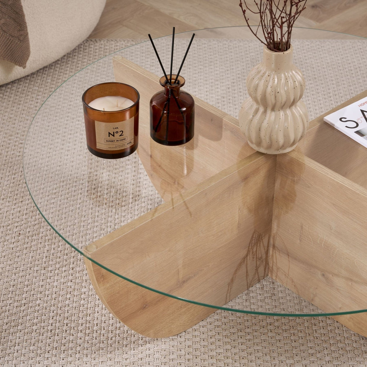 Mesa de centro Liya Roble Zafiro ovalada 90 cm Vidrio templado
