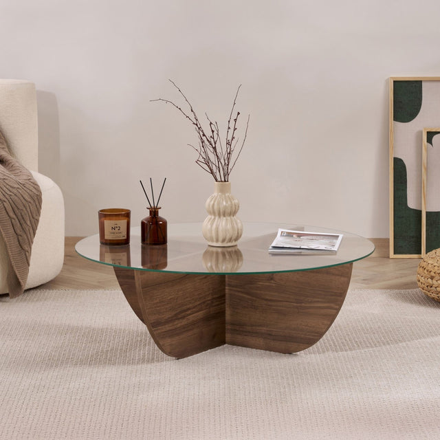 Mesa de centro Liya nogal ovalada 90 cm Vidrio templado