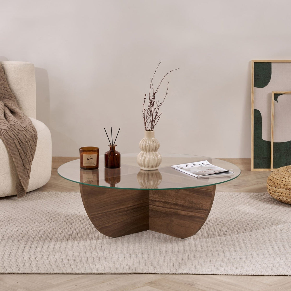 Mesa de centro Liya nogal ovalada 90 cm Vidrio templado