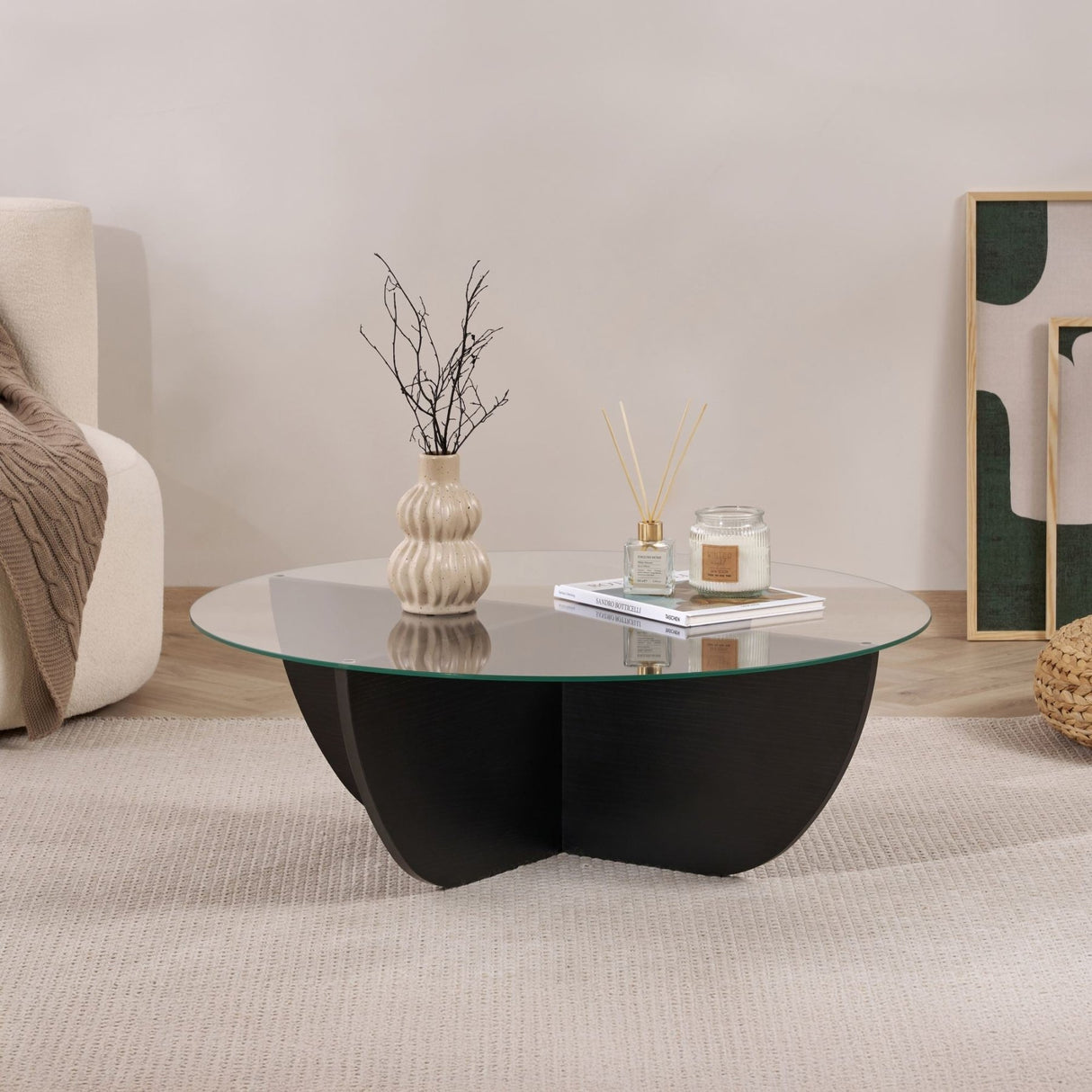 Mesa de centro Liya ovalada aspecto madera negra 90 cm Vidrio templado
