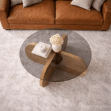 Salontafels - Ronde salontafel Aris eiken look melamine en rookglas 75 cm - Dimehouse