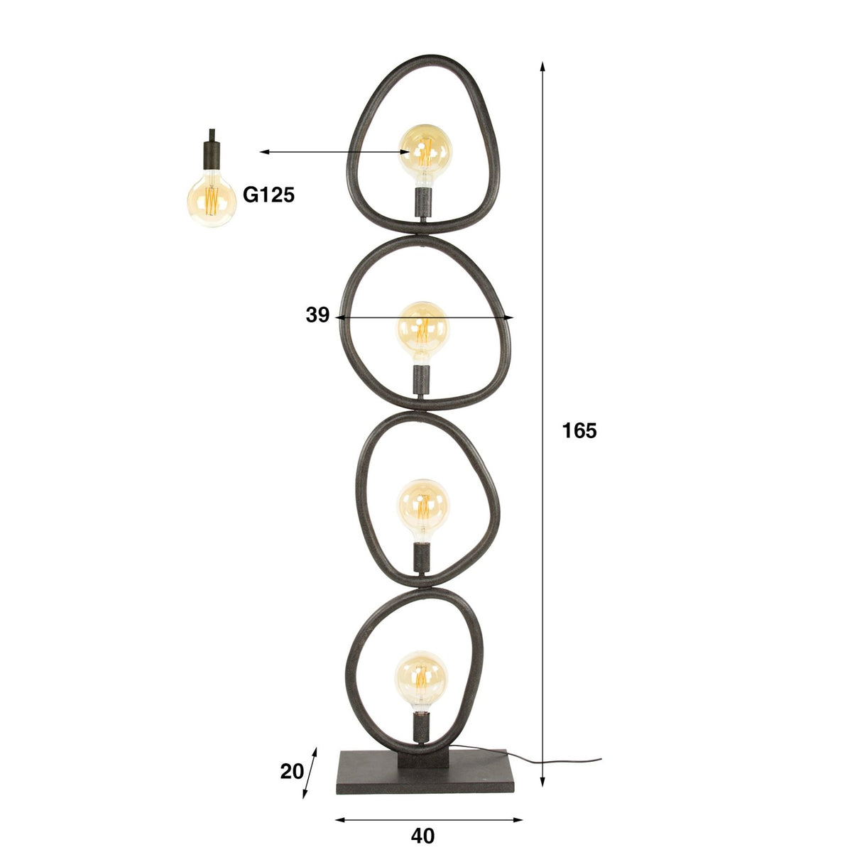 Vloerlamp Orion 4-lichts Zwart Metaal 165 cm