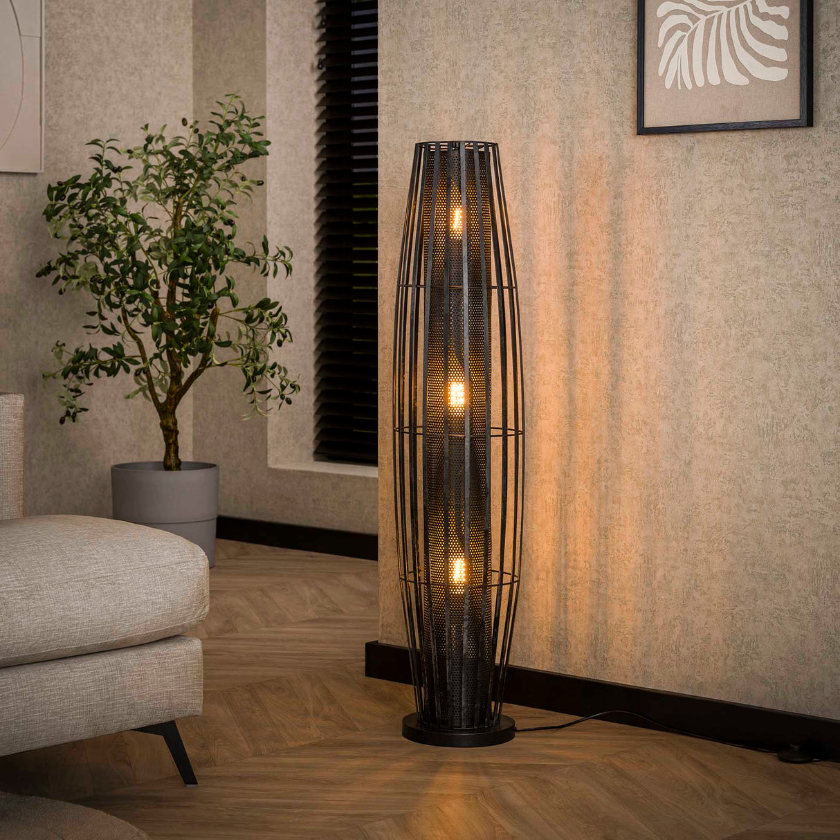 Lámpara de pie Liora 3 luces cilindro malla negra 120 cm 