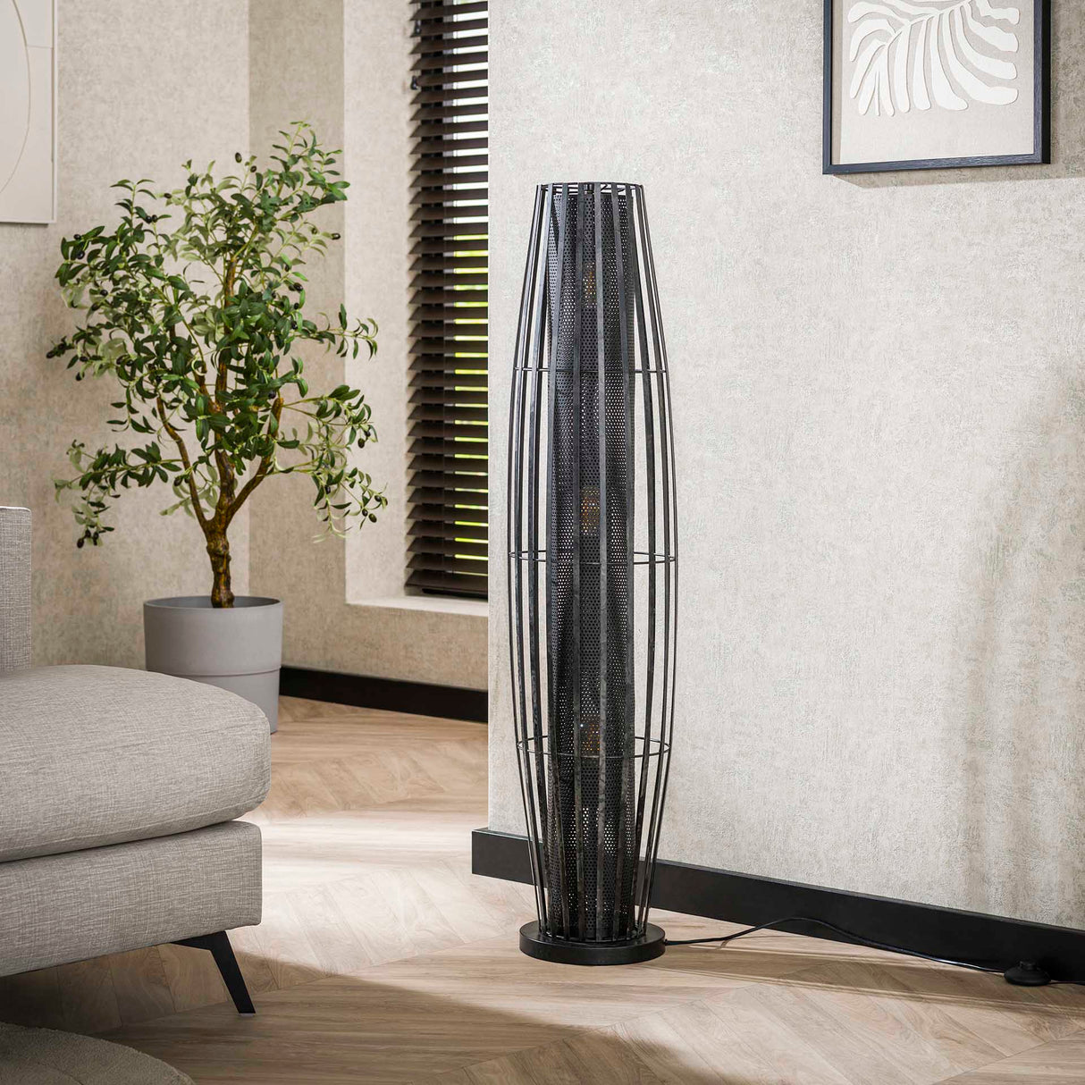 Lámpara de pie Liora 3 luces cilindro malla negra 120 cm 