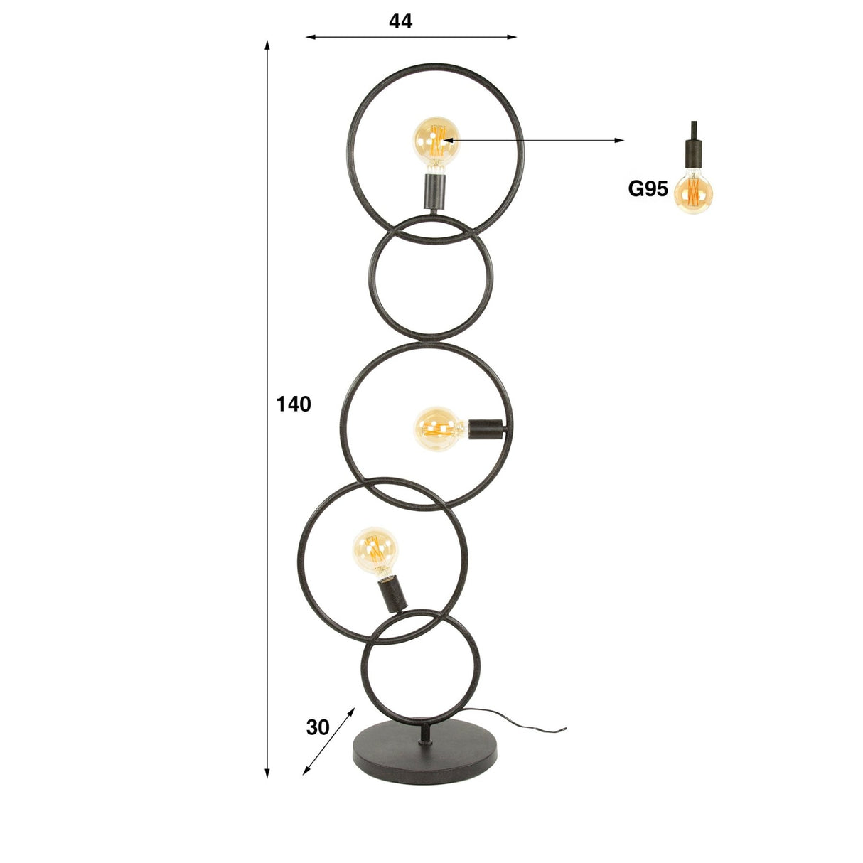 Lámpara de pie negra de 3 luces industrial de 140 cm 