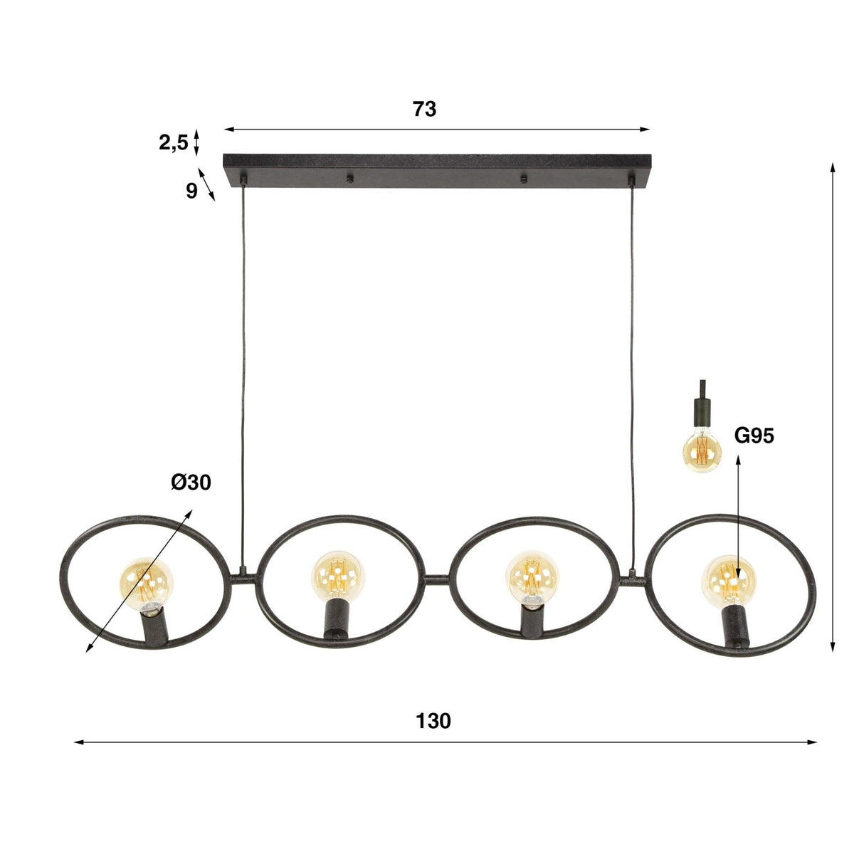 Industriële hanglamp Liva 4-lichts zwart metaal