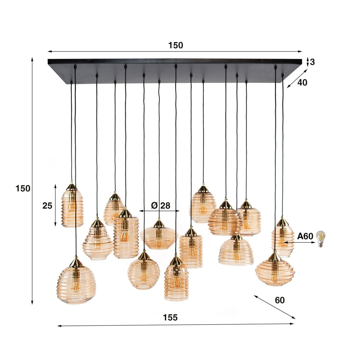 Lámpara colgante Mali 15 luces vidrio acanalado color ámbar 