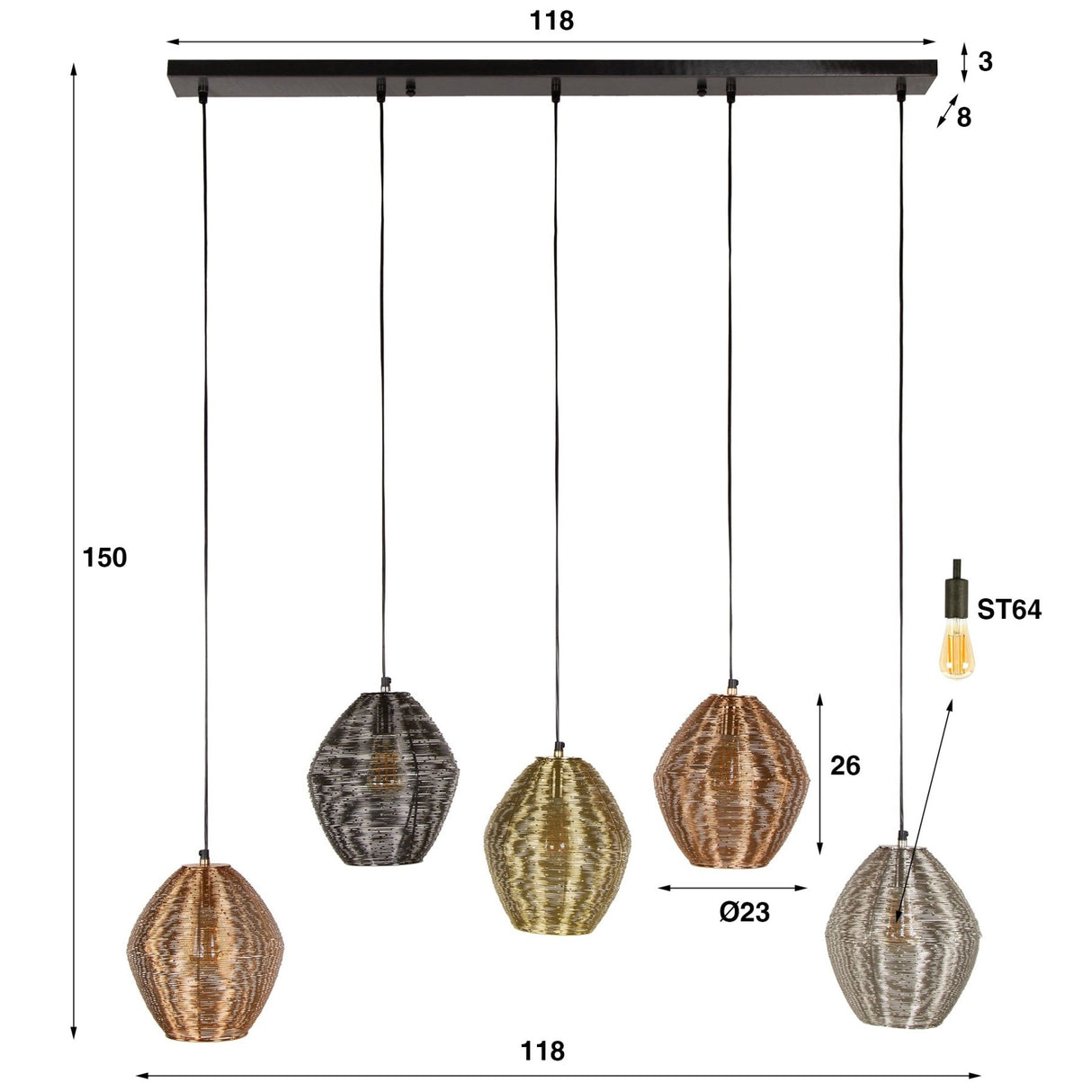 Lámpara colgante Wez 5 luces níquel de colores 