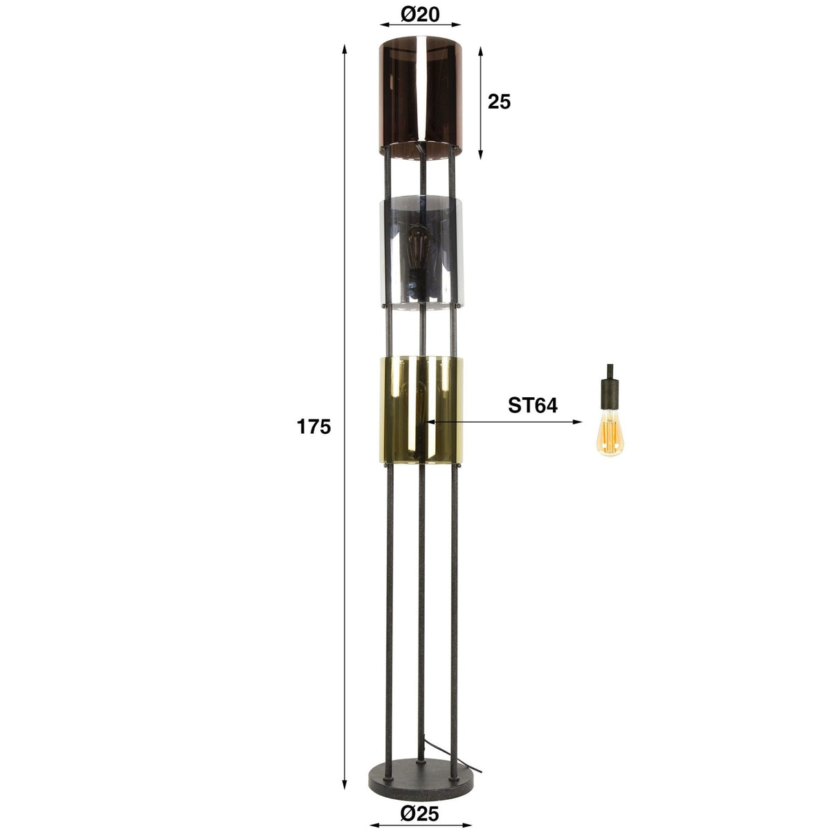 Lámpara de pie Nox de 3 luces, negro, metal, 175 cm 