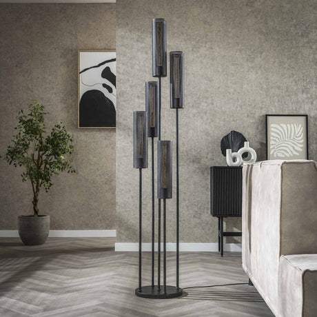 Lámpara de piso Zavi 5 luces de malla escalonada negra