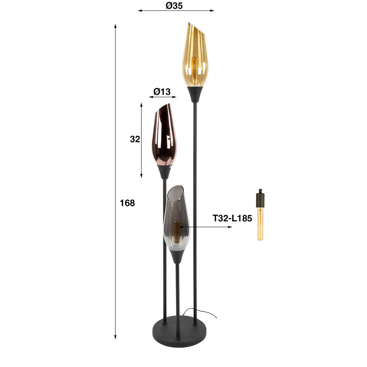 Lámpara de pie Nova de 3 luces negra con bolas de cristal 