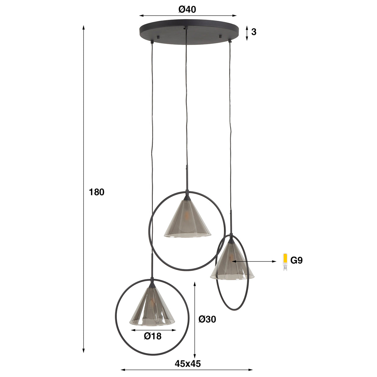 Lámpara colgante Niaz 3 luces pantalla cónica escalonada vidrio gris humo 