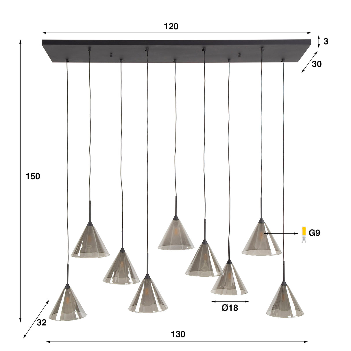 Lámpara colgante Niaz 7 luces pantalla cónica vidrio gris humo 