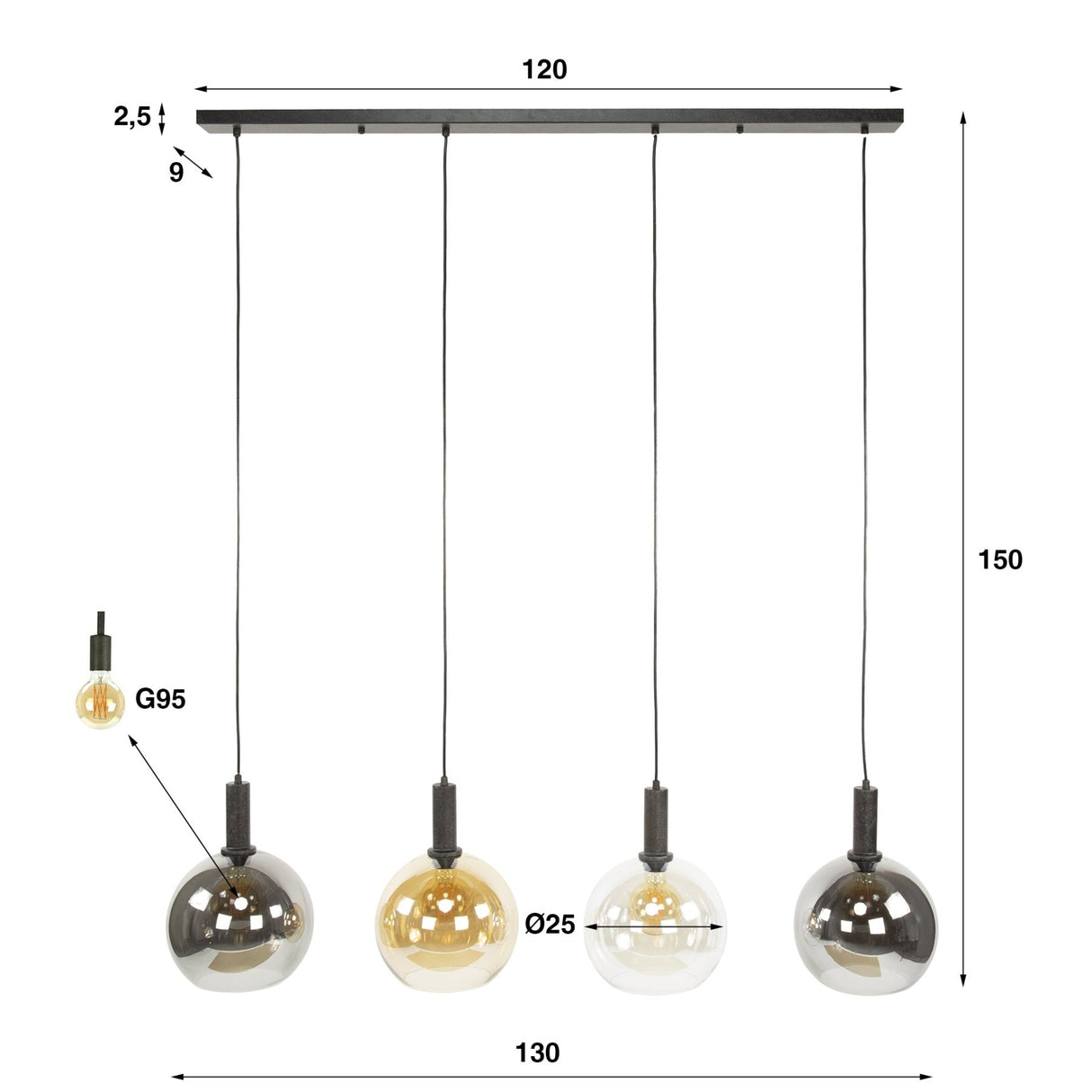 Hanglamp Valeo 4-lichts Zwart Metaal 135 cm