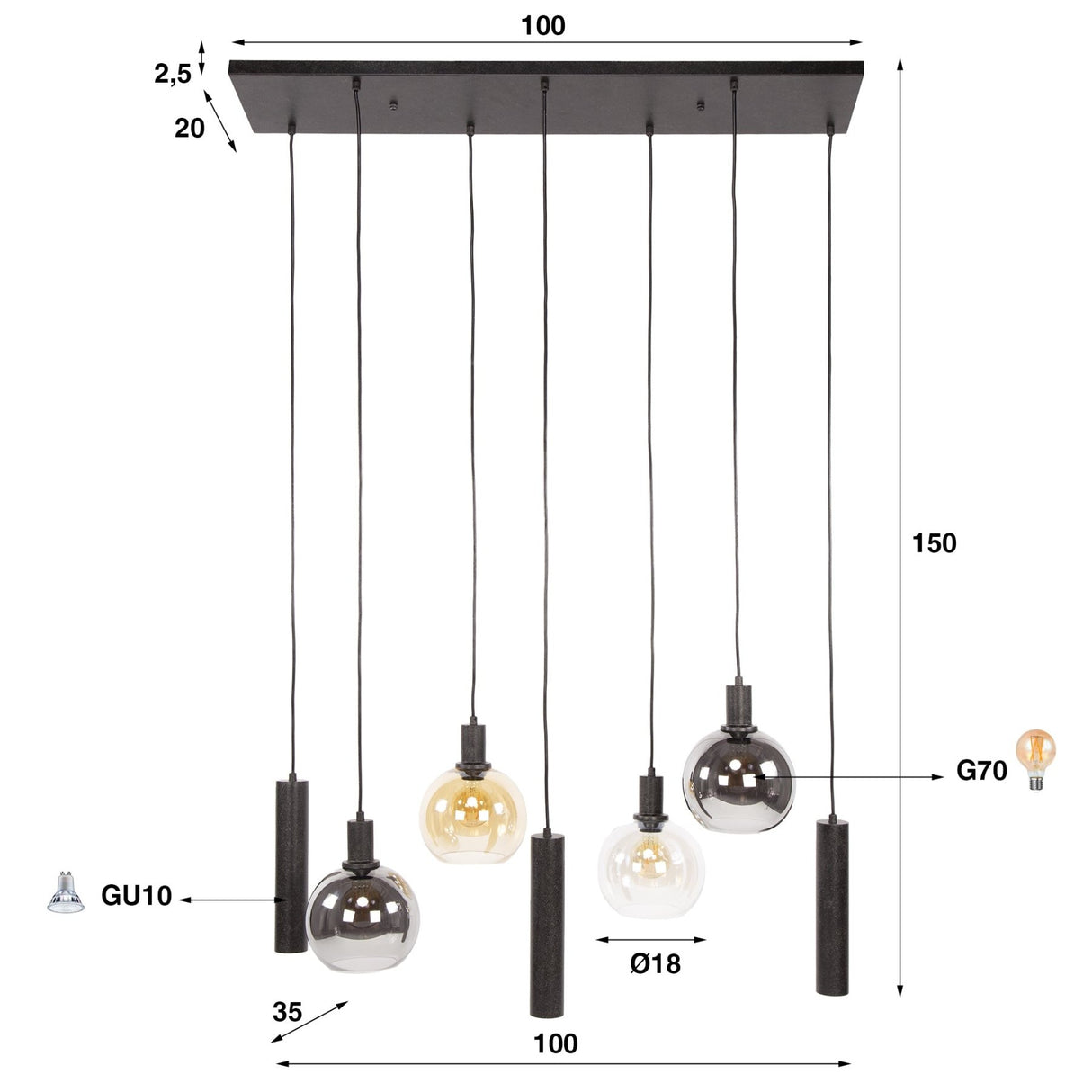 Hanglamp Orion 7-lichts – Zwart Metaal – 110 cm