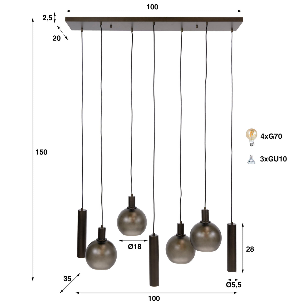 Lámpara colgante Orion de 7 luces – Metal negro – 110 cm 