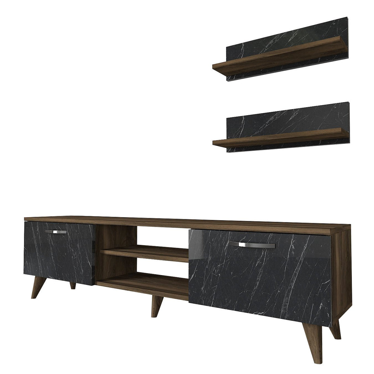 TV Meubels - TV Meubel Set Ayden Walnoot Marmer Melamine 150x40,6x29,5 cm - Dimehouse
