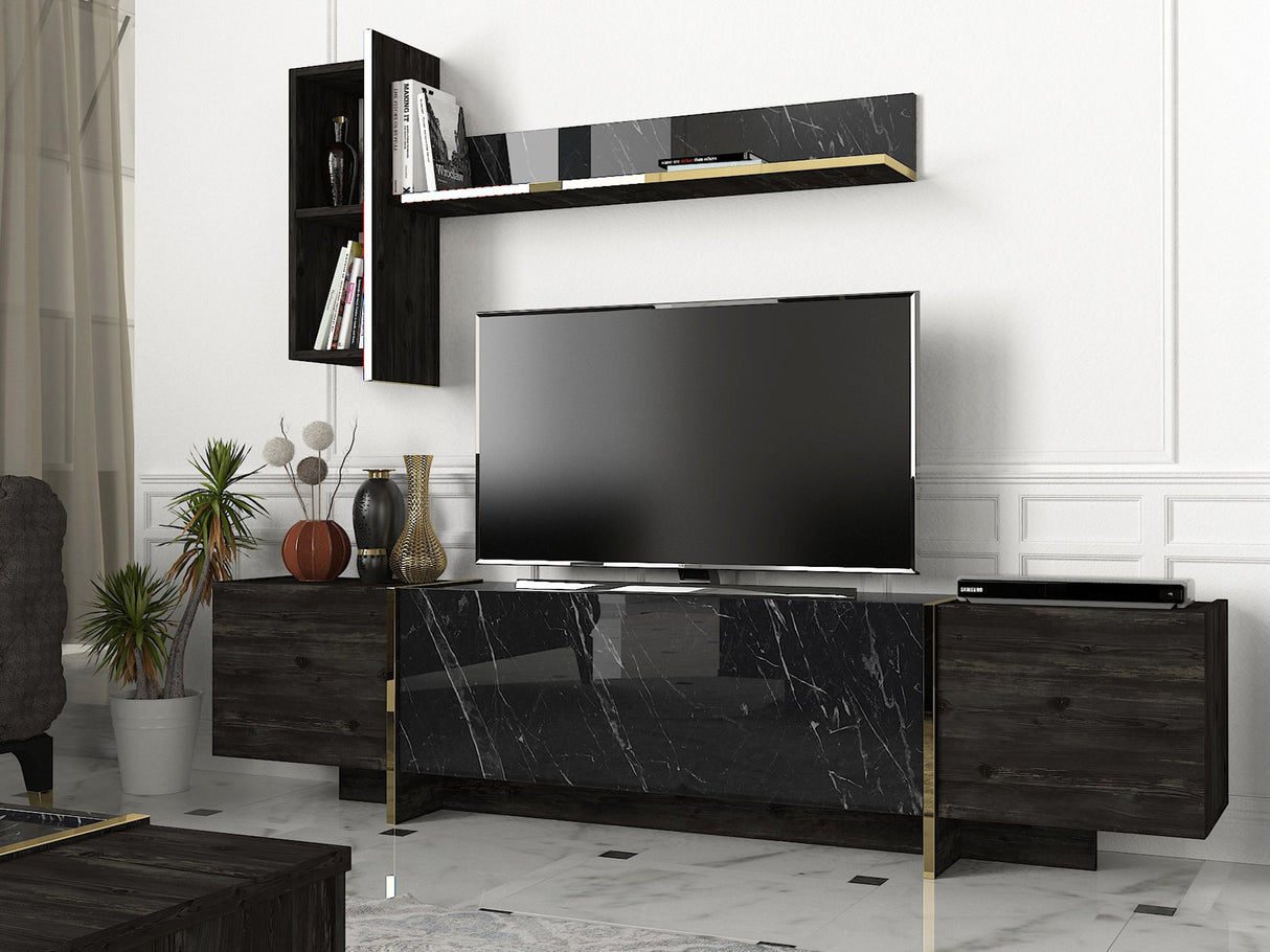 TV Meubels - TV Meubel Set Veyron Zwart Goud Melamine 180x45x32,3 cm - Dimehouse