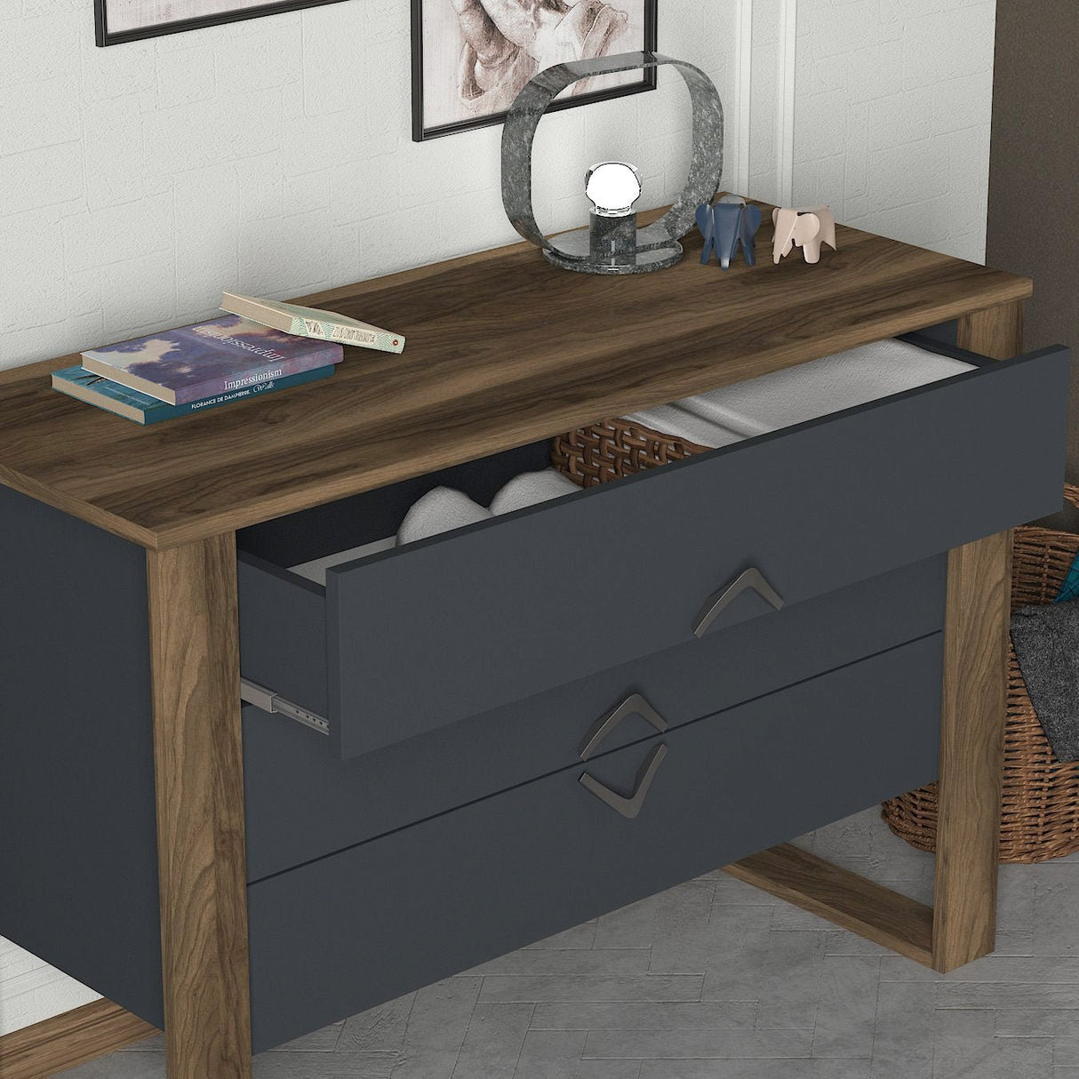 Ladekasten - Ladekast Bumerang Walnoot Antraciet Melamine 110x76x44,8 cm - Dimehouse