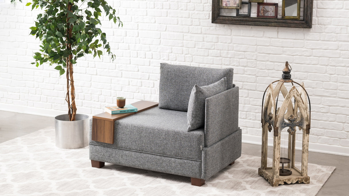 Sillón Moderno De Tela Gris Fly - Derecha - Con Mesa De Madera