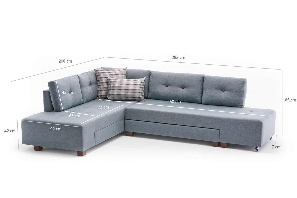 Sofá cama tela azul claro - XL 280x206 cm - con ruedas - Izquierdo - Manama