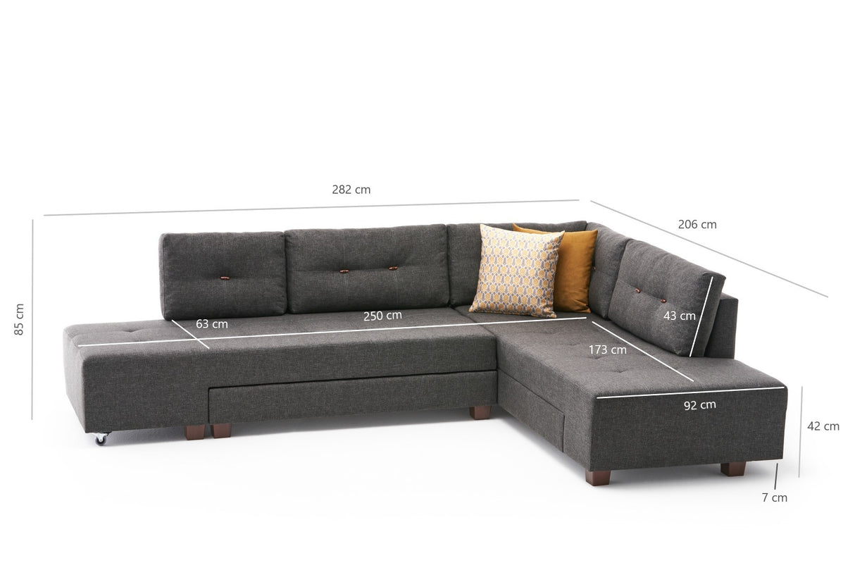 Banken - Slaapbank antraciet stof - XL 280x206 cm - met wielen - Rechts - Manama - Dimehouse