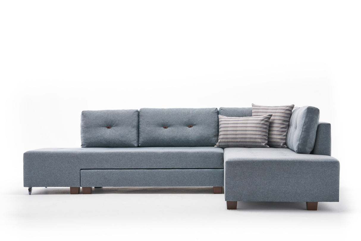 Banken - Slaapbank lichtblauw stof - XL 280x206 cm - met wielen - Rechts - Manama - Dimehouse